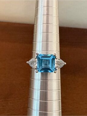 Blue Emerald Cut Statement Ring – Sterling Silver 925 – 3 Stone Design